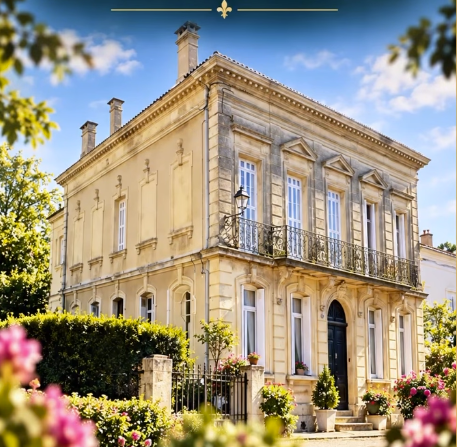 La Maison Lumière with its stone façade, wrought iron balcony and flowers in the foreground